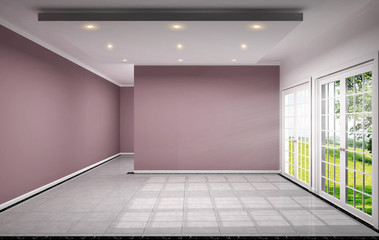 Fototapeta na wymiar empty room interior design has pink wall on tile design 3D rendering