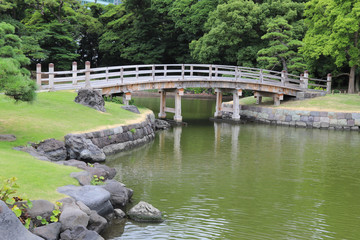 Scenery of wooden bridge over waterway in public park with natural background.