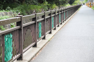 Scenery of walkway and metal fence with natural background.