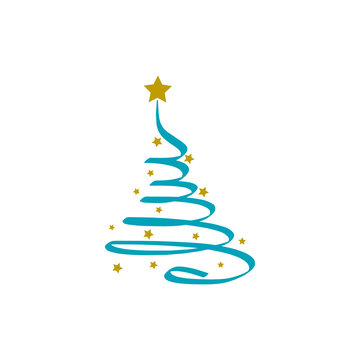 blue christmas tree and gold stars, vector