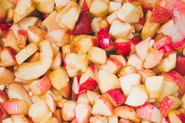 apple pieces, sugar and syrup in pan, ready for boiling. Apple jam cooking  process.