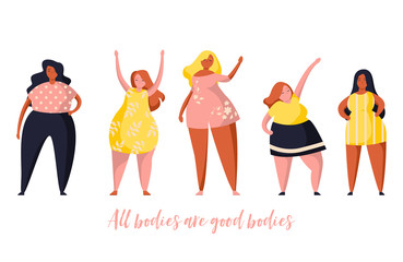 Multiracial women of different height and same figure type and plus size. Female cartoon characters. Body positive movement and beauty diversity. Flat trendy illustration.