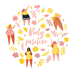 Girls in a circle, the shape of a wreath, flowers and the lettering body positive in the center