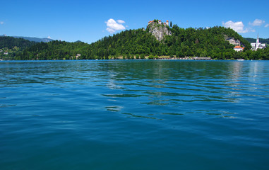 Lake Bled and mountains.