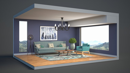 Interior of the living room in a box. 3D illustration