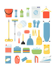 Set of differend cleaning and laundry tools vector illustration 