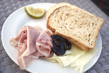 Bread, cheese, preserve and ham