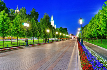 View of the Kremlin and Alexander Garden in Moscow at night.