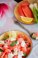 Summer light salad of watermelon, lime, mint and cheese