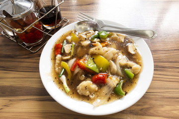 Fish noodles topped with bean