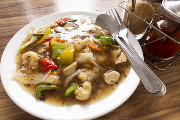 Fish noodles topped with bean