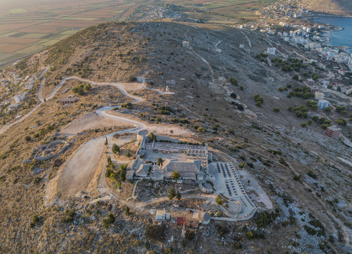 Aerial drone view of Lekuresi Castle in autumn (Saranda - Vlora, Albania)