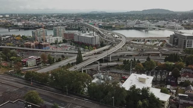 Aerial hyper lapse of Portland highway and I-5 bridge