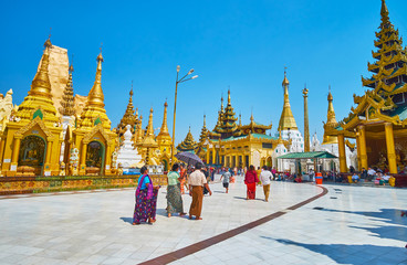 YANGON, MYANMAR - FEBRUARY 27, 2018:  Discover unique architecture of the main Buddhist complex of Myanmar - Shwedagon Zedi Daw, on February 27 in Yangon