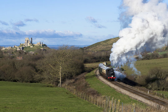 Steam Train on the Swanage Railway near Corfe Castle, Dorset.England