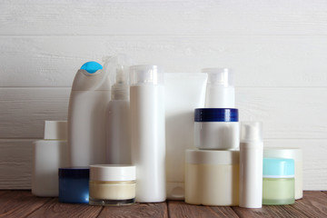 a set of usurious cosmetics on a wooden background. Skin care.