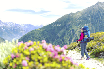 Naklejka premium Trekking in the Canadian mountains.Hike is the popular recreation activity in North America.