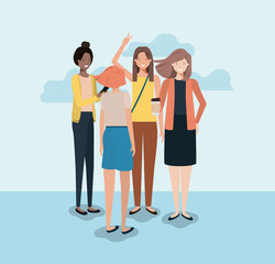 Obraz premium group of women using smartphone and drinking coffee