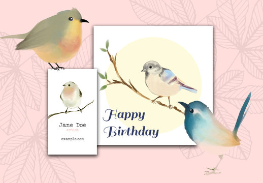 Business and Greeting Card Layout with Bird Illustrations
