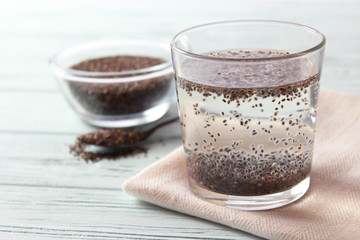water with chia seeds in a glass. super food, proper nutrition, healthy supplements
