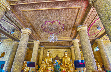 Ornate interior of Kassapa Buddha Image House, Shwedagon, Yangon, Myanmar