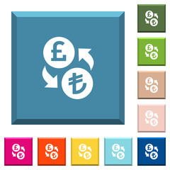 Pound Lira money exchange white icons on edged square buttons