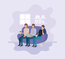 group of men using technology and drinking coffee