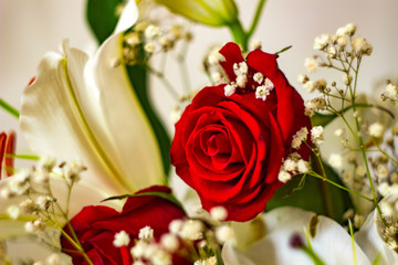 festive bouquet of roses and lilies in red and white colors