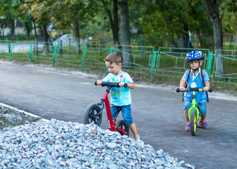 Naklejka premium Funny two active little boys riding on bicycle on warm summer day. Countryside. Active leisure and