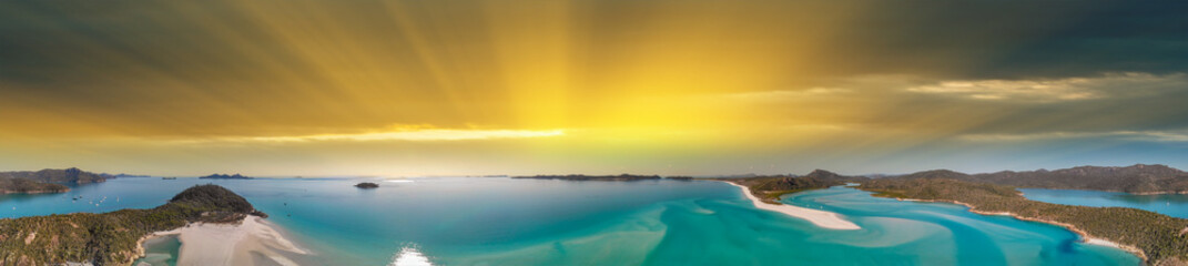 Fototapeta na wymiar Whitehaven Beach, Queensland. Sunset panoramic aerial view from drone prospective