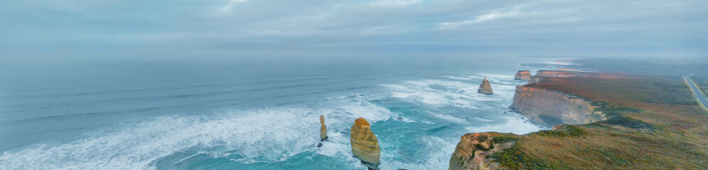 Panoramic aerial view of Twelve Apostles on a beautiful spring sunrise, Port Campbell National Park, Victoria - Australia