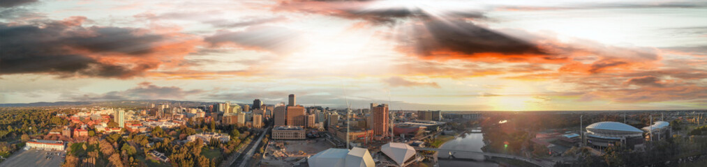 Stunning aerial panoramic view of Adelaide skyline at sunset, South Australia