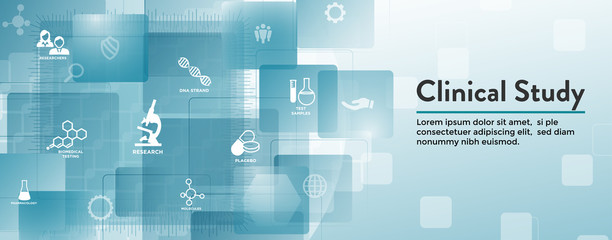 Medical Healthcare Icons with People Charting Disease or Scientific Discovery Header Banner