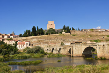 Fototapeta premium view of bridge and the Castle of Henry II of Castile (14th century) and River Agueda, Ciudad Rodrigo, Castile and Leon, Spain