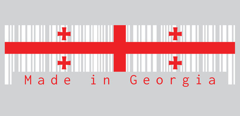 Barcode set the color of Georgia flag, White rectangle, with a large red cross. four Bolnur-Katskhuri crosses on four corners, text: Made in Georgia. concept of sale or business.