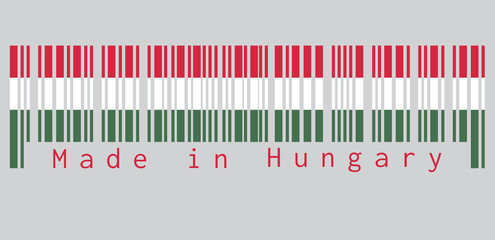 Barcode set the color of Hungary flag, A horizontal tricolor of red, white and green. text: Made in Hungary. concept of sale or business.