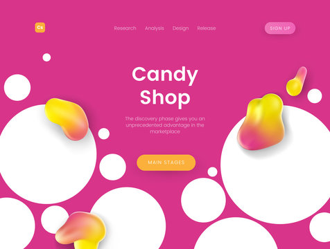 Bright landing page template with pink background - Candy Shop, can be used for sweet bakery, tasty dessert, cream cake, delicious pie store and cafe web sites.