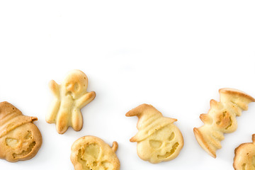 Homemade Halloween cookies isolated on white background. Top view. Copyspace