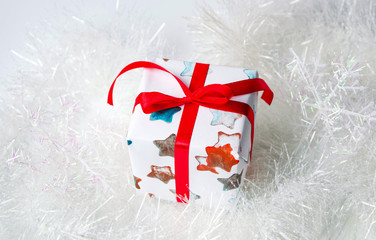 Decorated Christmas present on festive ornaments