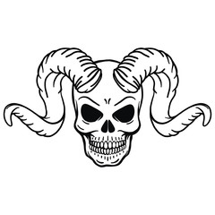hand drawn vector outline skull with horns and bones pentagram. Tattoo template, halloween, gothic, evil eye, black backround, t-shirt design. Metal music