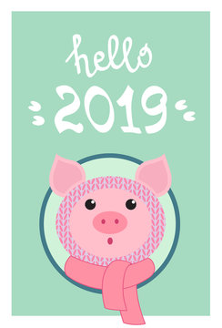 Funny pig and lettering for your design. Symbol of the new year 2019. Hand lettering typography