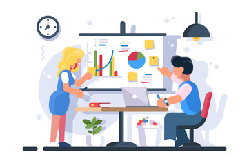 Coworkers discussing diagram graphs