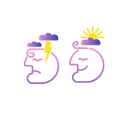 Mind brain creative concept.Head profile with storm cloud and clear sky. Mindfulness and stress management in psychology,vector logo illustration.Simple and modern line