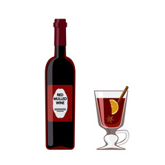 Bottle mulled wine with glass, isolated on white background