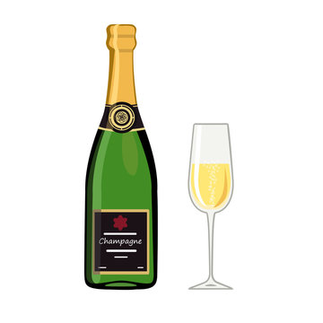 Bottle champagne with glass, isolated on white background