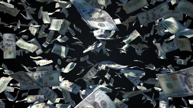 One hundred dollar bills falling from above, on black background.