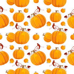 Vector seamless pattern with orange pumpkin and leafs.
