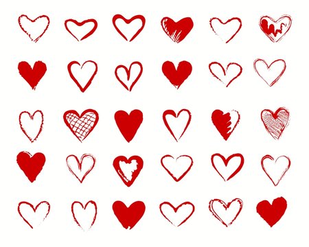 Hearts drawing. Vectors valentines heart shapes vector icons, loving hearted lovely handdrawn red signs isolated on white background