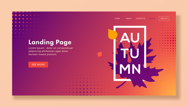 Modern autumn landing page with leaves for web, banner, website template. Seasonal vector illustration