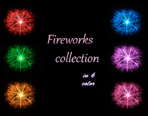 Fireworks collection illustration in 6 colors, on black isolated background.